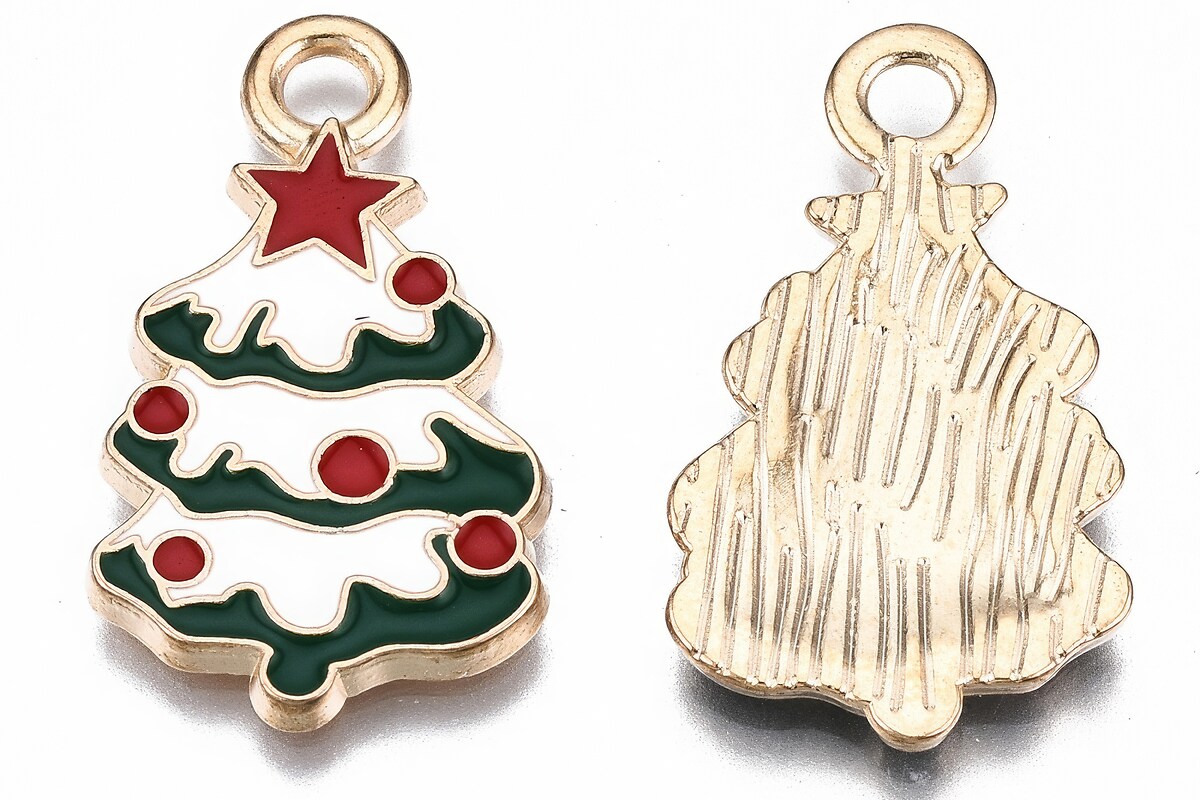 Charm auriu cu email, model Craciun, brad de Craciun 25,5x14,5mm