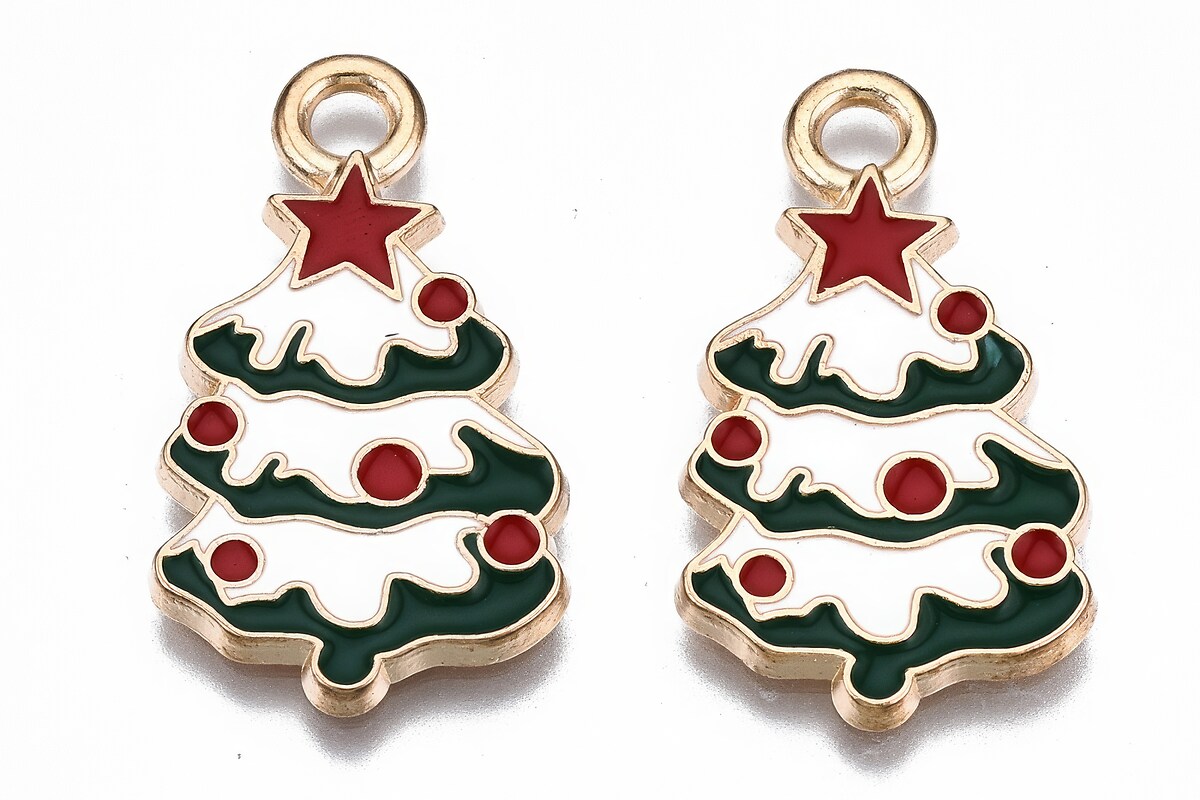 Charm auriu cu email, model Craciun, brad de Craciun 25,5x14,5mm
