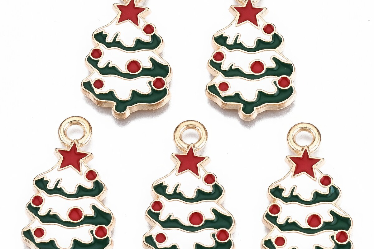 Charm auriu cu email, model Craciun, brad de Craciun 25,5x14,5mm