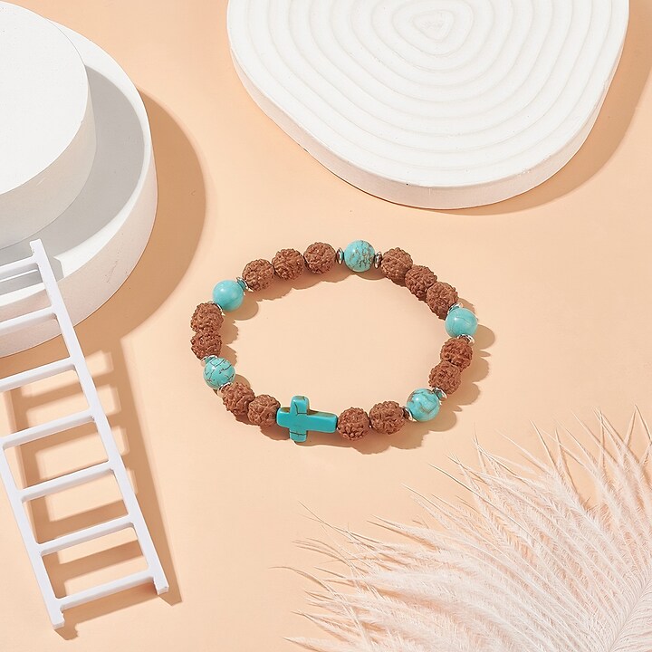 Bratara pe elastic cu margele Rudraksha naturale si turcoaz de sinteza, bratara Yoga, diametru 5,4cm