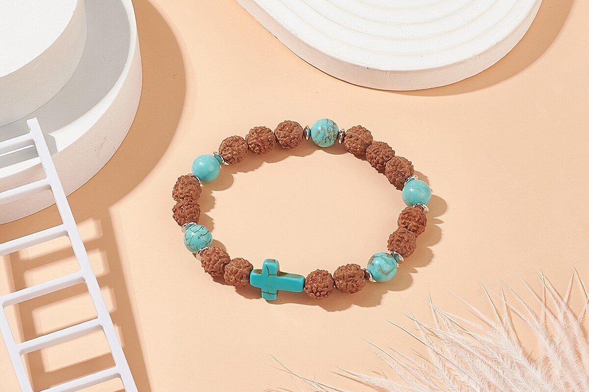 Bratara pe elastic cu margele Rudraksha naturale si turcoaz de sinteza, bratara Yoga, diametru 5,4cm