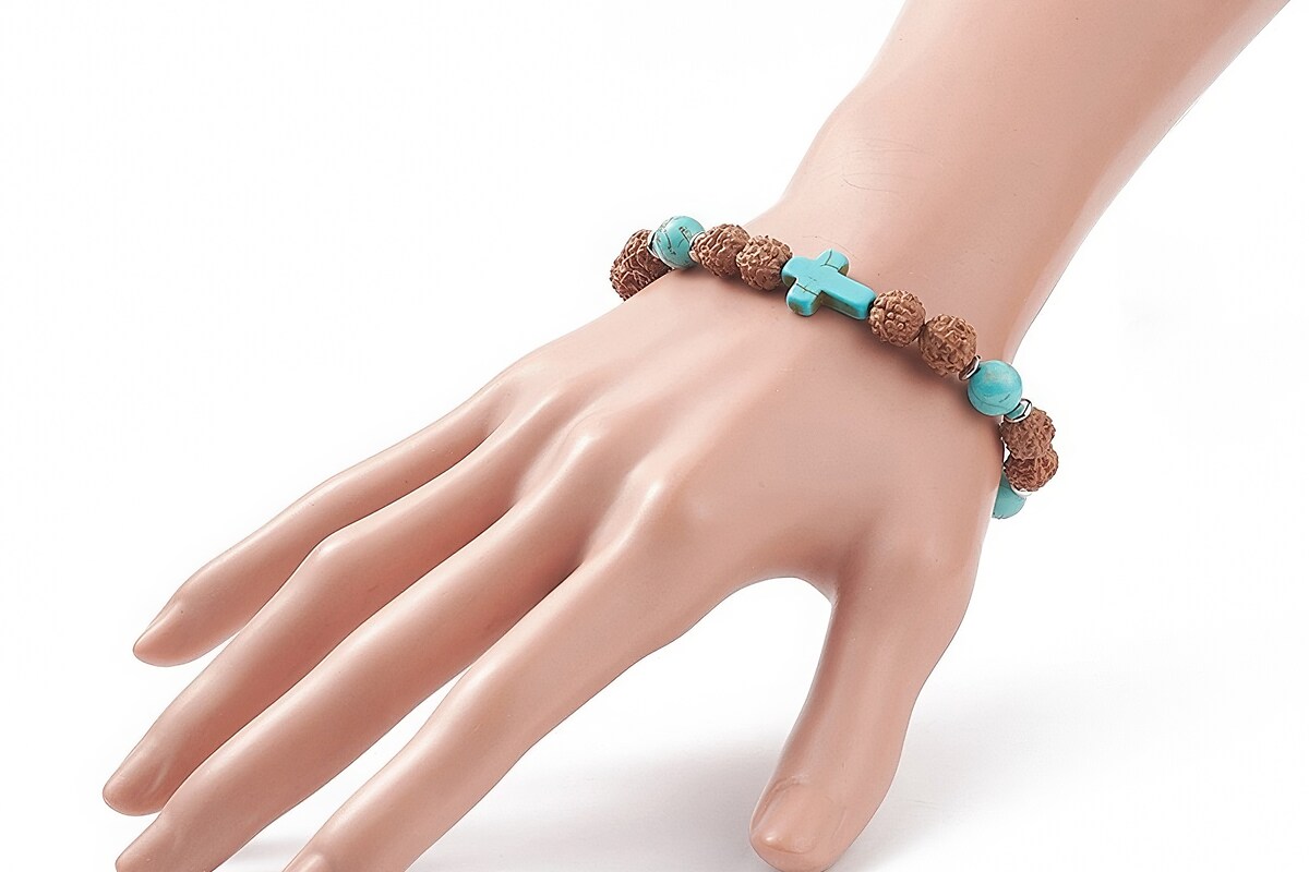 Bratara pe elastic cu margele Rudraksha naturale si turcoaz de sinteza, bratara Yoga, diametru 5,4cm