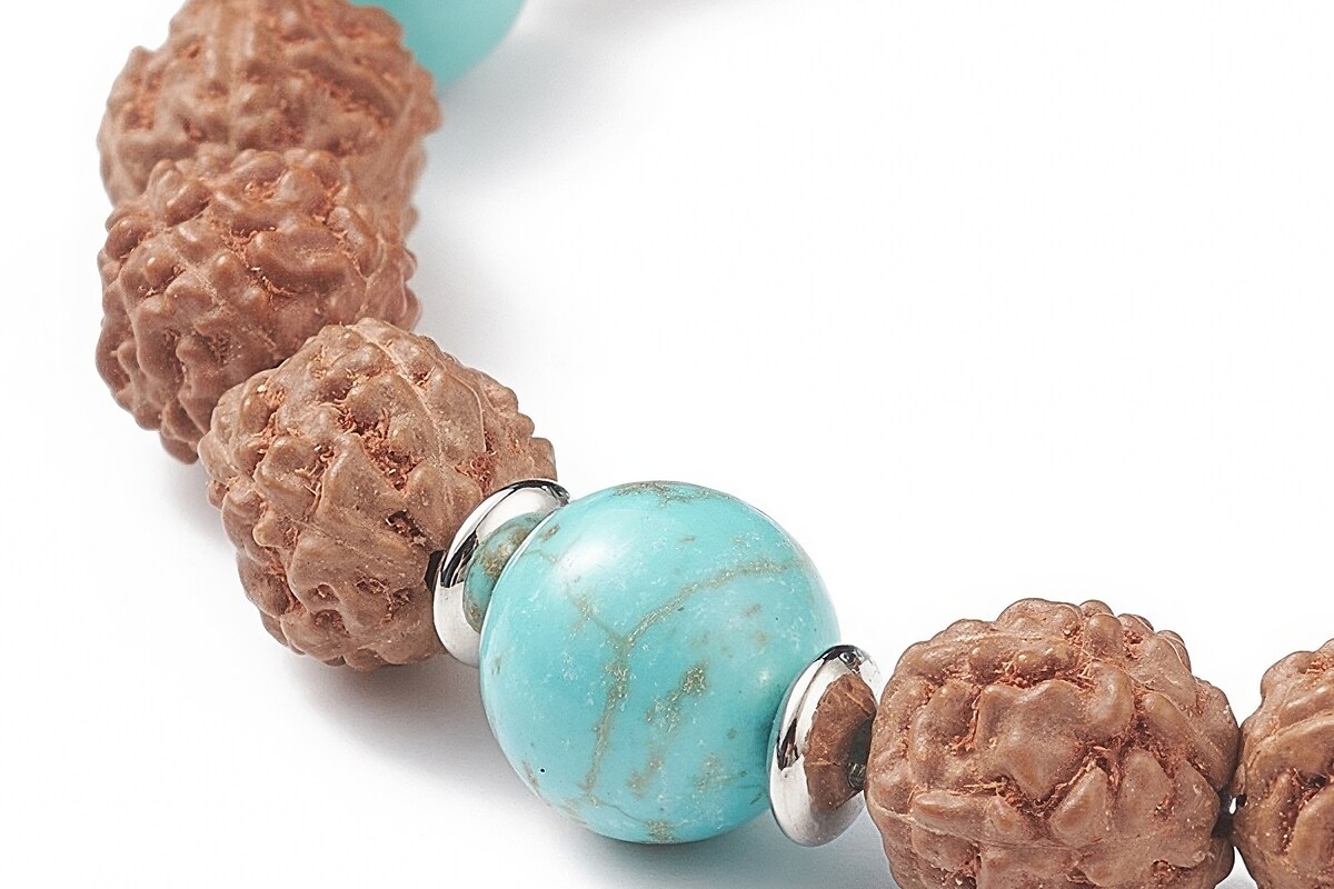Bratara pe elastic cu margele Rudraksha naturale si turcoaz de sinteza, bratara Yoga, diametru 5,4cm