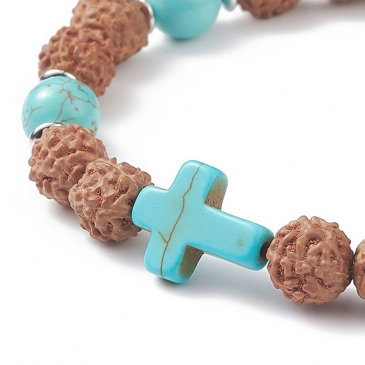 Bratara pe elastic cu margele Rudraksha naturale si turcoaz de sinteza, bratara Yoga, diametru 5,4cm