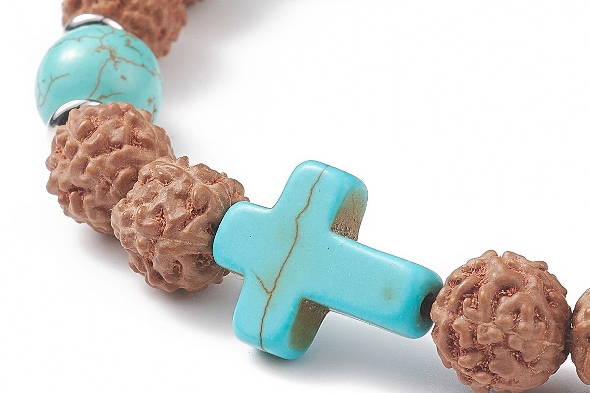 Bratara pe elastic cu margele Rudraksha naturale si turcoaz de sinteza, bratara Yoga, diametru 5,4cm