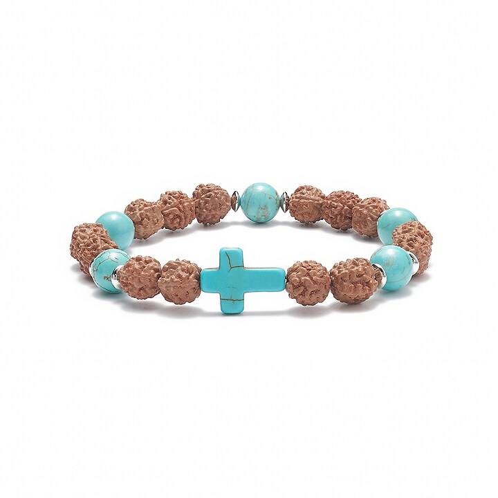 Bratara pe elastic cu margele Rudraksha naturale si turcoaz de sinteza, bratara Yoga, diametru 5,4cm