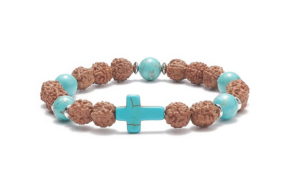 Bratara pe elastic cu margele Rudraksha naturale si turcoaz de sinteza, bratara Yoga, diametru 5,4cm