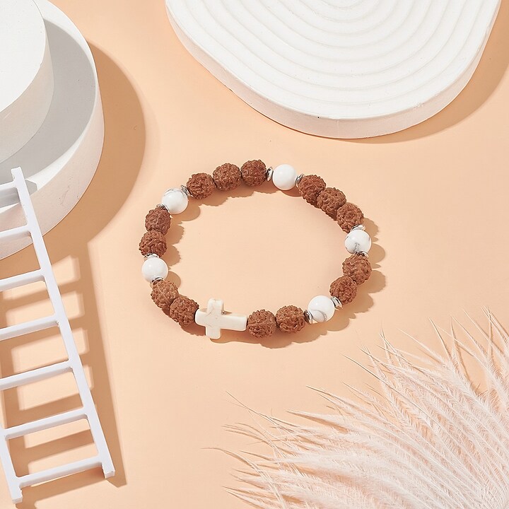 Bratara pe elastic cu margele Rudraksha si howlit naturale si turcoaz de sinteza, bratara Yoga, diametru 5,4cm