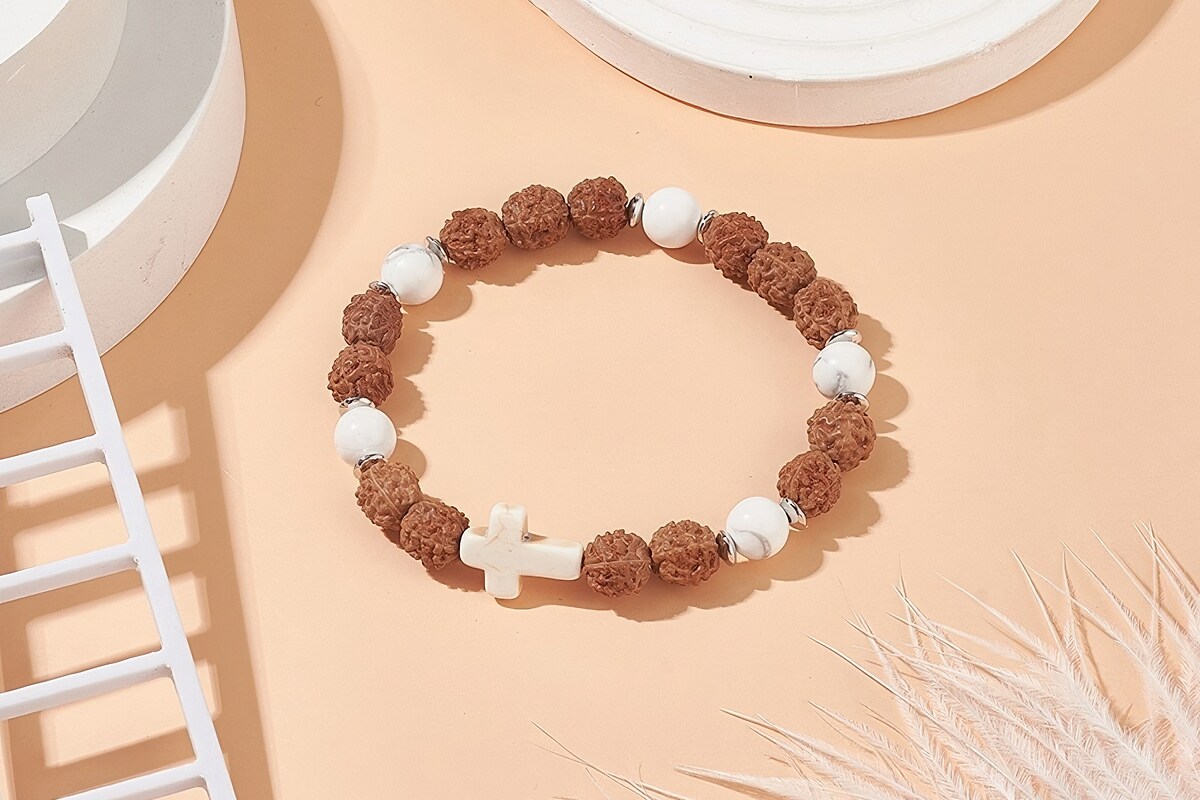 Bratara pe elastic cu margele Rudraksha si howlit naturale si turcoaz de sinteza, bratara Yoga, diametru 5,4cm