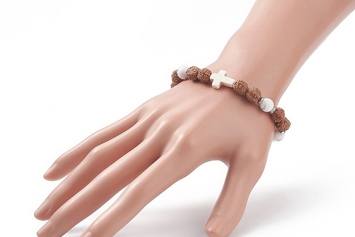 Bratara pe elastic cu margele Rudraksha si howlit naturale si turcoaz de sinteza, bratara Yoga, diametru 5,4cm