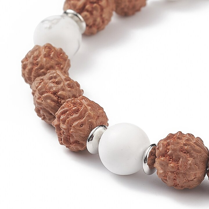 Bratara pe elastic cu margele Rudraksha si howlit naturale si turcoaz de sinteza, bratara Yoga, diametru 5,4cm