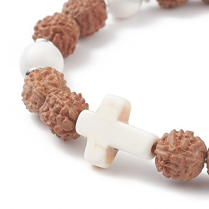 Bratara pe elastic cu margele Rudraksha si howlit naturale si turcoaz de sinteza, bratara Yoga, diametru 5,4cm