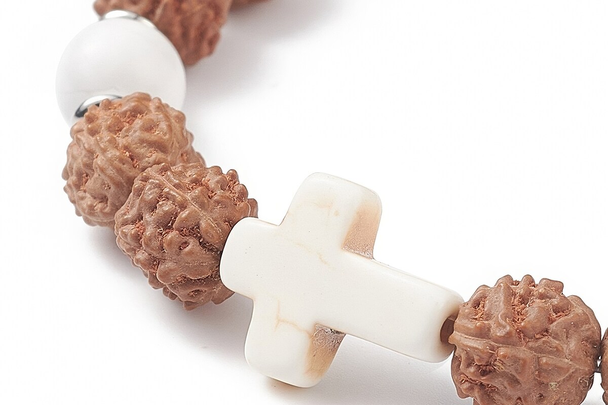 Bratara pe elastic cu margele Rudraksha si howlit naturale si turcoaz de sinteza, bratara Yoga, diametru 5,4cm