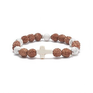 Bratara pe elastic cu margele Rudraksha si howlit naturale si turcoaz de sinteza, bratara Yoga, diametru 5,4cm