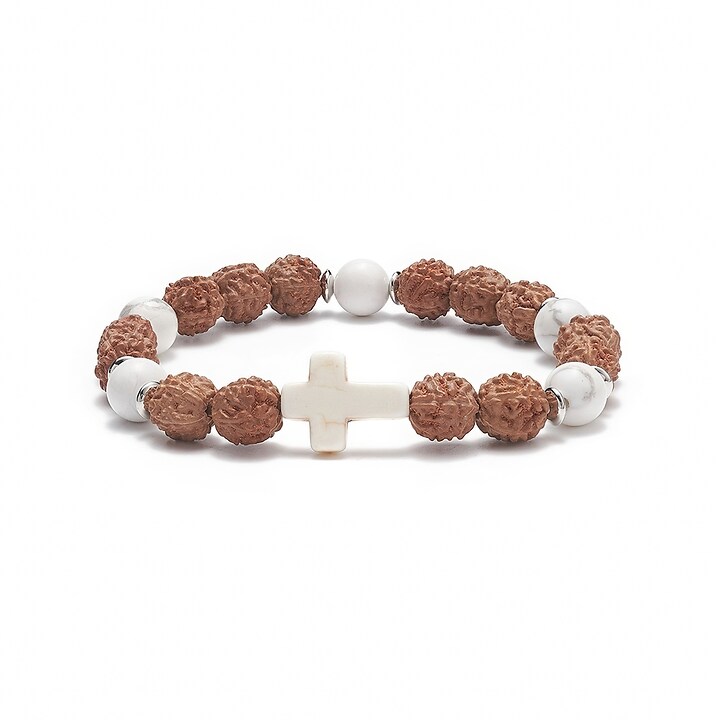 Bratara pe elastic cu margele Rudraksha si howlit naturale si turcoaz de sinteza, bratara Yoga, diametru 5,4cm
