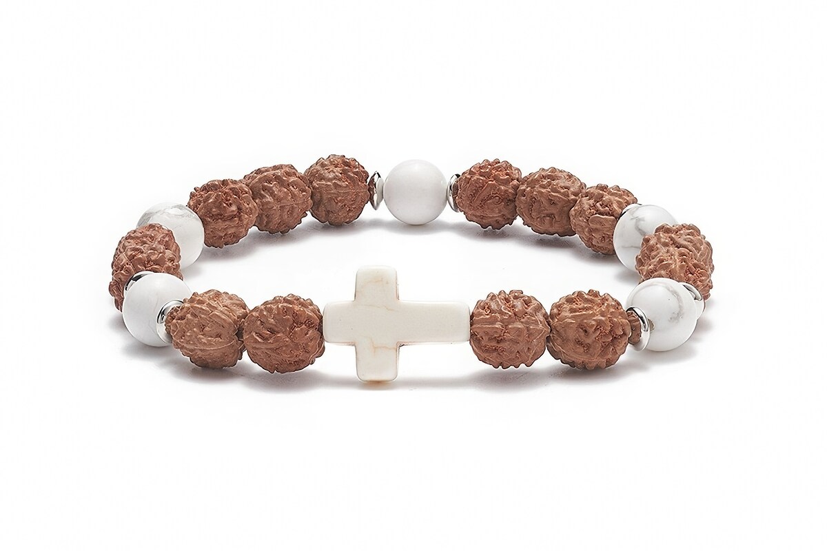 Bratara pe elastic cu margele Rudraksha si howlit naturale si turcoaz de sinteza, bratara Yoga, diametru 5,4cm