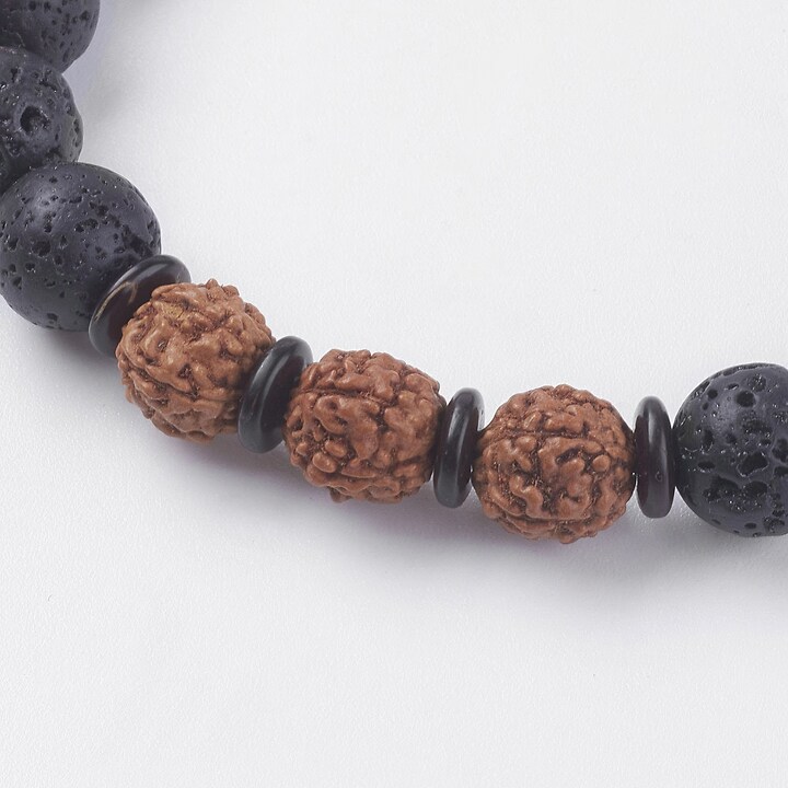 Bratara cu margele Rudraksha naturale si lava, cu inchizatoare magnetica, lungime 19cm
