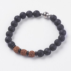 Bratara cu margele Rudraksha naturale si lava, cu inchizatoare magnetica, lungime 19cm