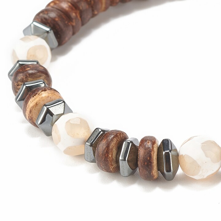 Bratara pe elastic cu margele de cocos naturale, agate tibetane si hematit, diametru 5,3cm