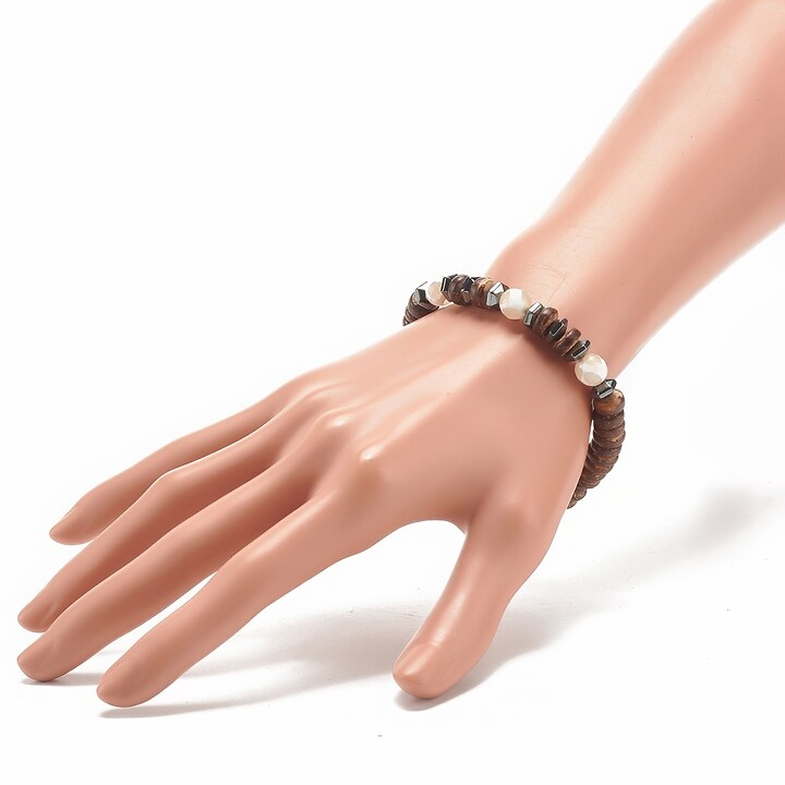 Bratara pe elastic cu margele de cocos naturale, agate tibetane si hematit, diametru 5,3cm