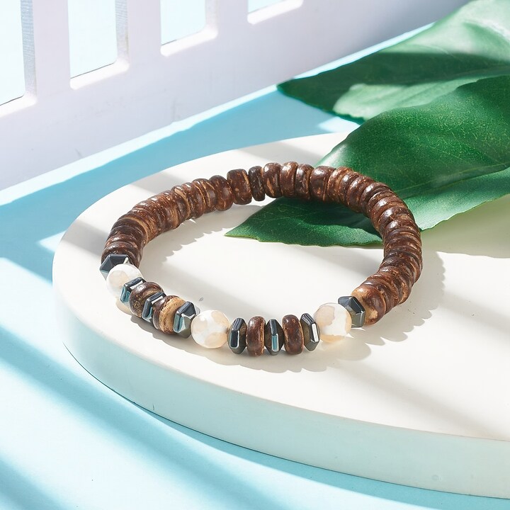 Bratara pe elastic cu margele de cocos naturale, agate tibetane si hematit, diametru 5,3cm