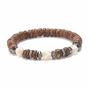 Bratara pe elastic cu margele de cocos naturale, agate tibetane si hematit, diametru 5,3cm