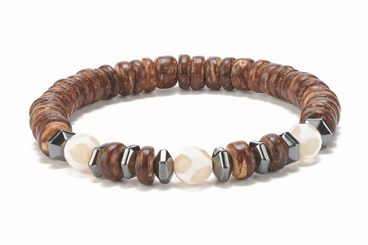 Bratara pe elastic cu margele de cocos naturale, agate tibetane si hematit, diametru 5,3cm
