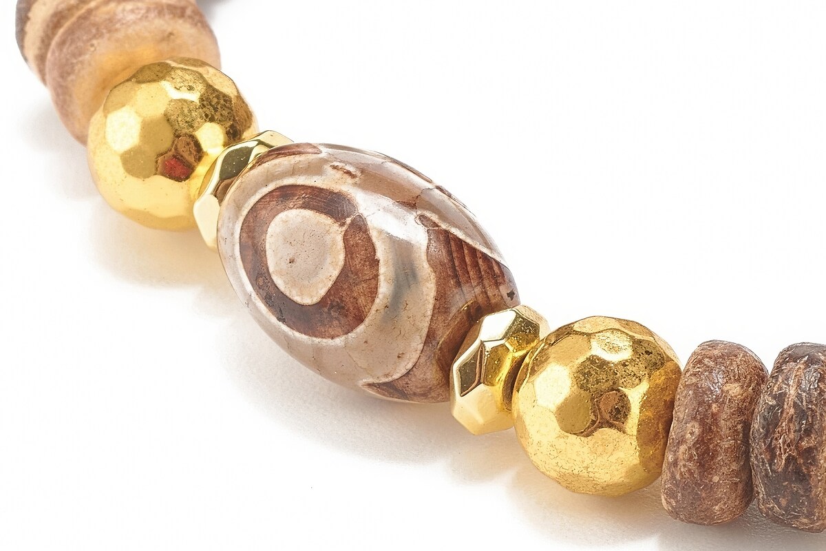 Set de 2 bratari pe elastic cu margele Mala de cocos natural, agate tibetane si hematit, diametru 5,7cm