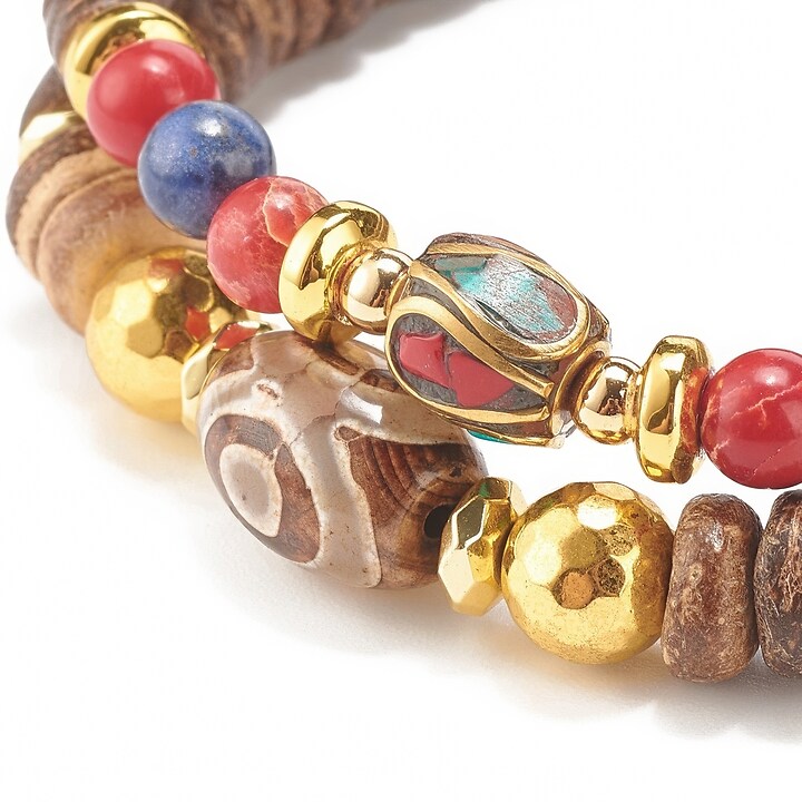 Set de 2 bratari pe elastic cu margele Mala de cocos natural, agate tibetane si hematit, diametru 5,7cm