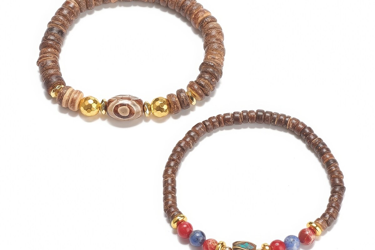 Set de 2 bratari pe elastic cu margele Mala de cocos natural, agate tibetane si hematit, diametru 5,7cm