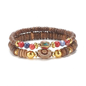Set de 2 bratari pe elastic cu margele Mala de cocos natural, agate tibetane si hematit, diametru 5,7cm