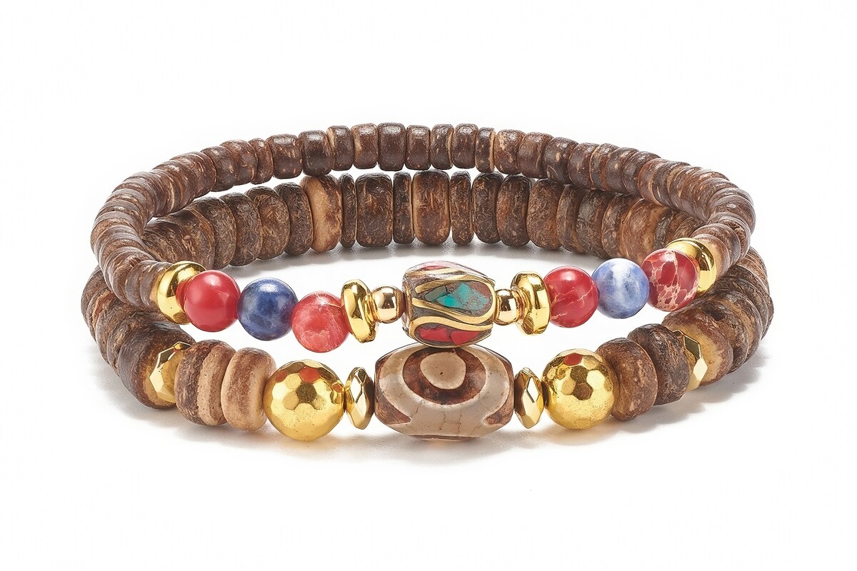 Set de 2 bratari pe elastic cu margele Mala de cocos natural, agate tibetane si hematit, diametru 5,7cm