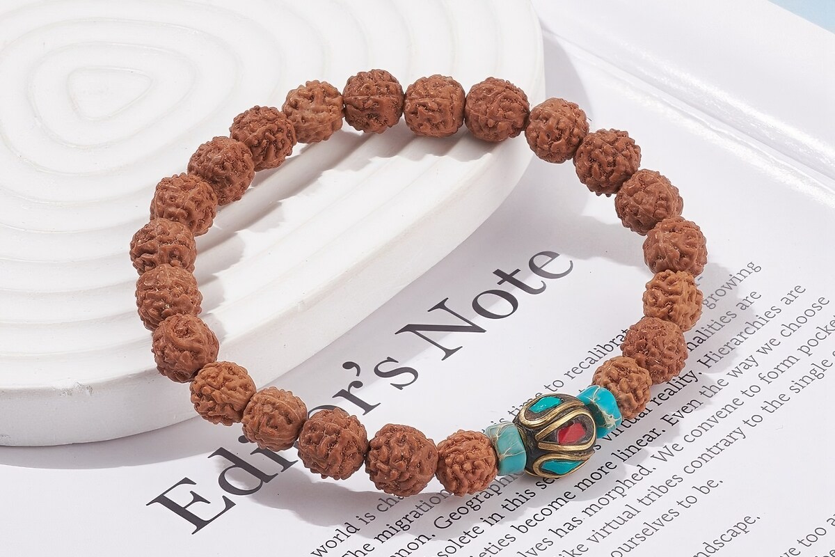 Bratara pe elastic cu margele naturale de Rudraksha si jasp imperial, diametru 5,5cm