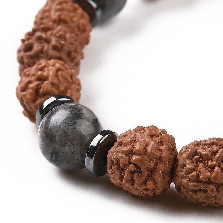 Set de 4 bratari pe elastic cu margele naturale de Rudraksha si pietre semipretioase, diametru 5,4cm