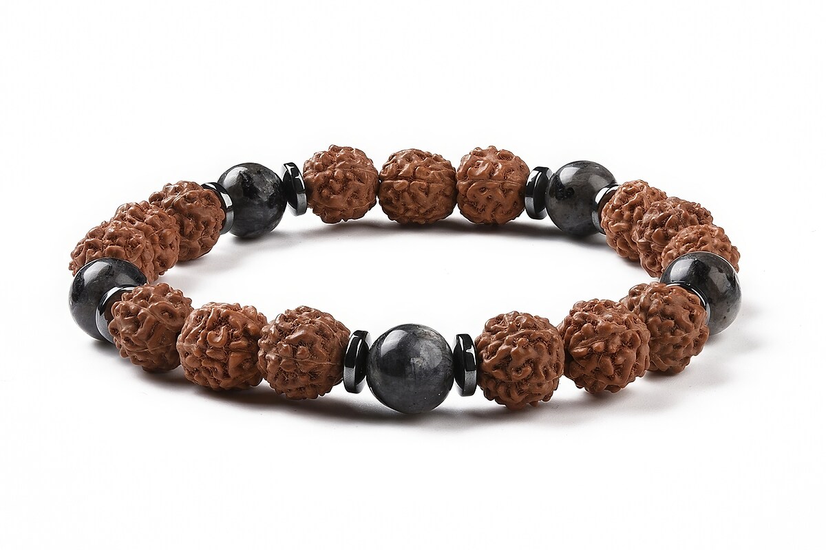 Set de 4 bratari pe elastic cu margele naturale de Rudraksha si pietre semipretioase, diametru 5,4cm