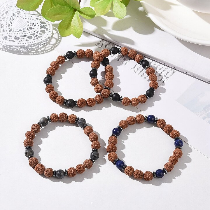 Set de 4 bratari pe elastic cu margele naturale de Rudraksha si pietre semipretioase, diametru 5,4cm