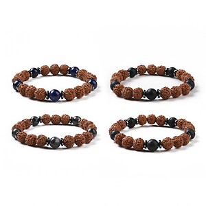 Set de 4 bratari pe elastic cu margele naturale de Rudraksha si pietre semipretioase, diametru 5,4cm