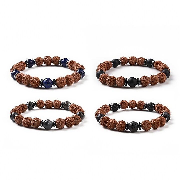Set de 4 bratari pe elastic cu margele naturale de Rudraksha si pietre semipretioase, diametru 5,4cm