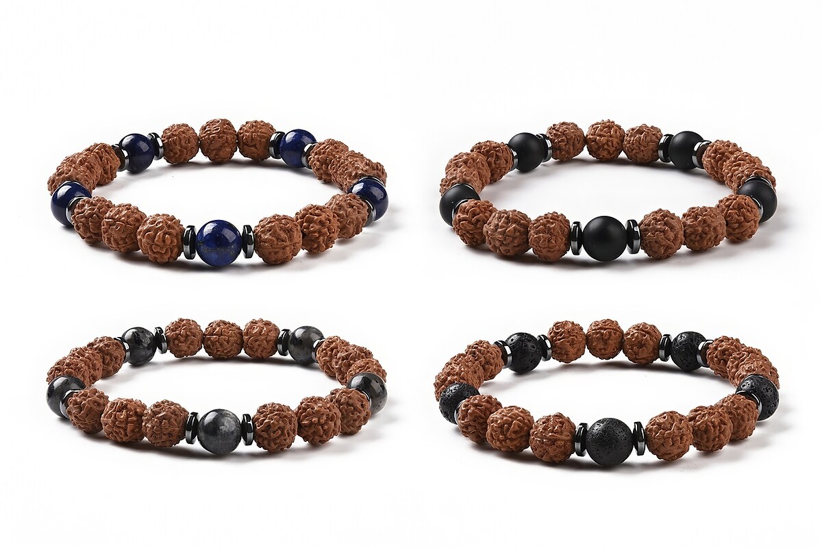 Set de 4 bratari pe elastic cu margele naturale de Rudraksha si pietre semipretioase, diametru 5,4cm