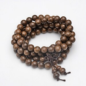 Colier sau bratara pe 5 randuri cu margele Mala naturale de Sandalwood, lungime 88cm