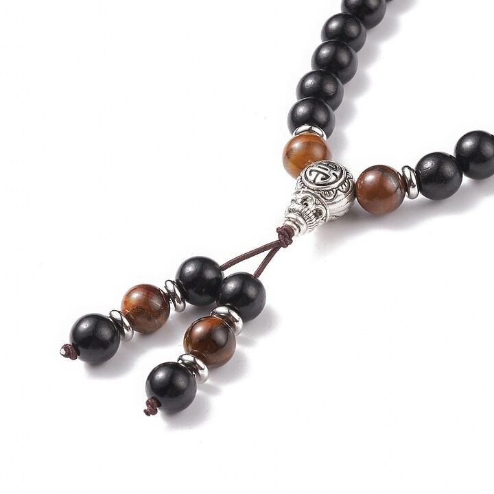 Colier sau bratara pe 4 randuri cu margele Mala naturale de lemn si ochi de tigru, lungime 76cm