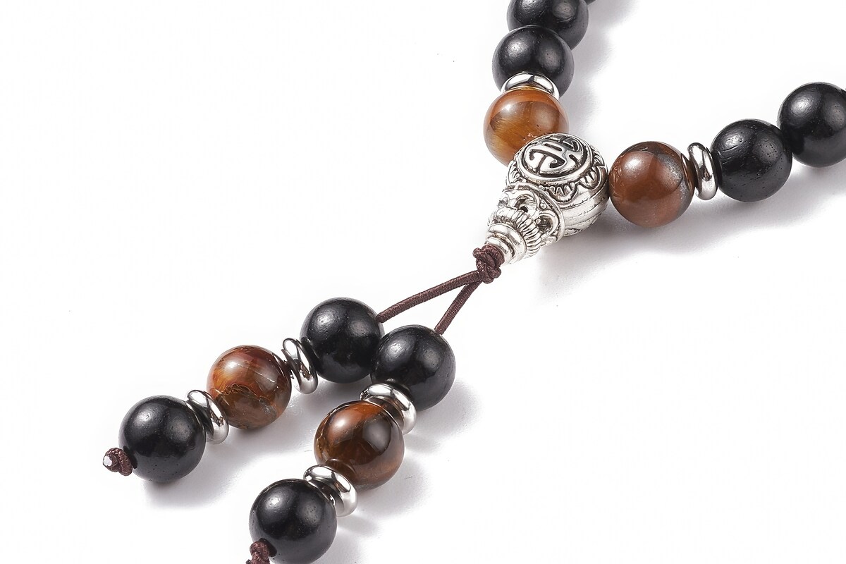Colier sau bratara pe 4 randuri cu margele Mala naturale de lemn si ochi de tigru, lungime 76cm