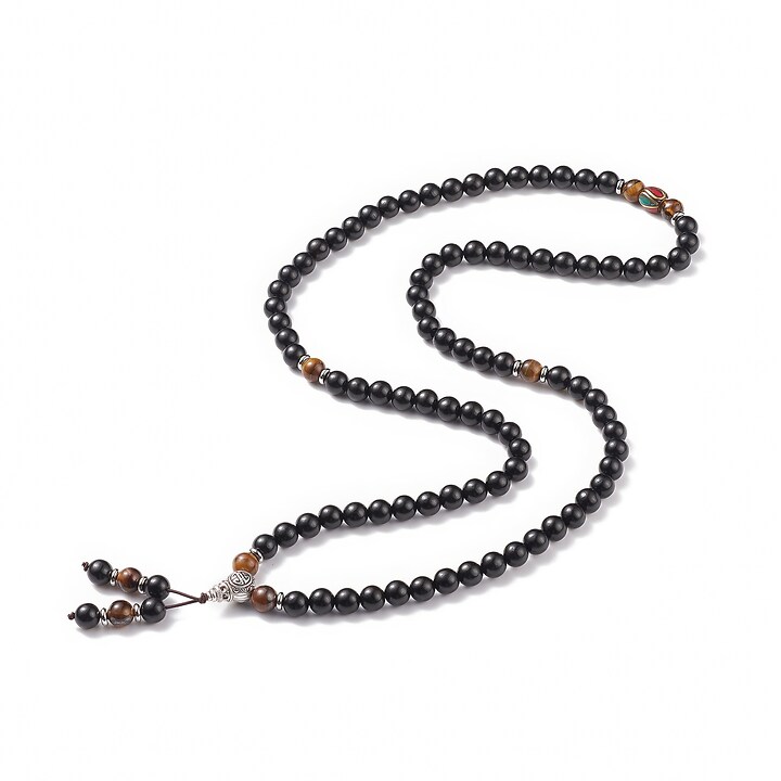 Colier sau bratara pe 4 randuri cu margele Mala naturale de lemn si ochi de tigru, lungime 76cm