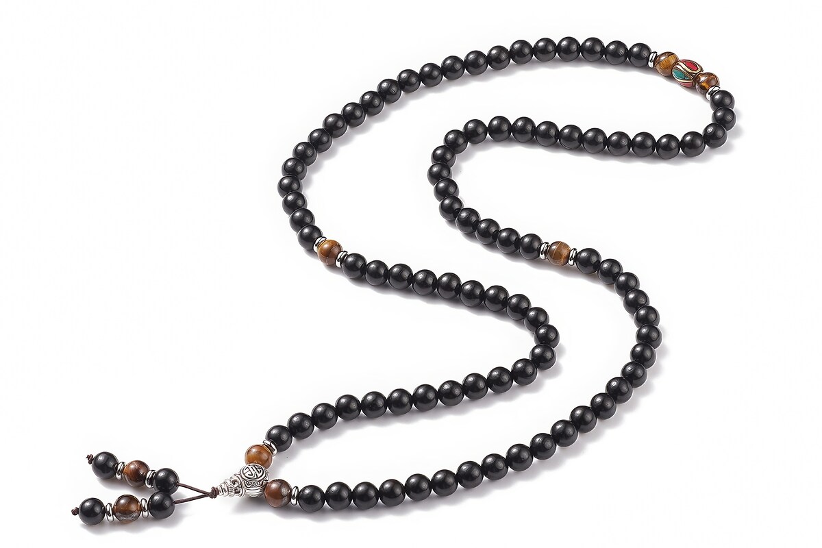 Colier sau bratara pe 4 randuri cu margele Mala naturale de lemn si ochi de tigru, lungime 76cm