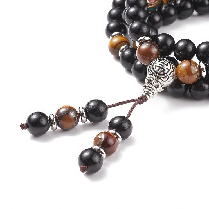 Colier sau bratara pe 4 randuri cu margele Mala naturale de lemn si ochi de tigru, lungime 76cm