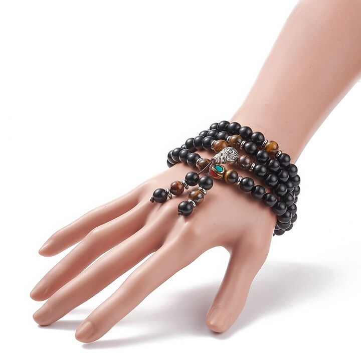 Colier sau bratara pe 4 randuri cu margele Mala naturale de lemn si ochi de tigru, lungime 76cm