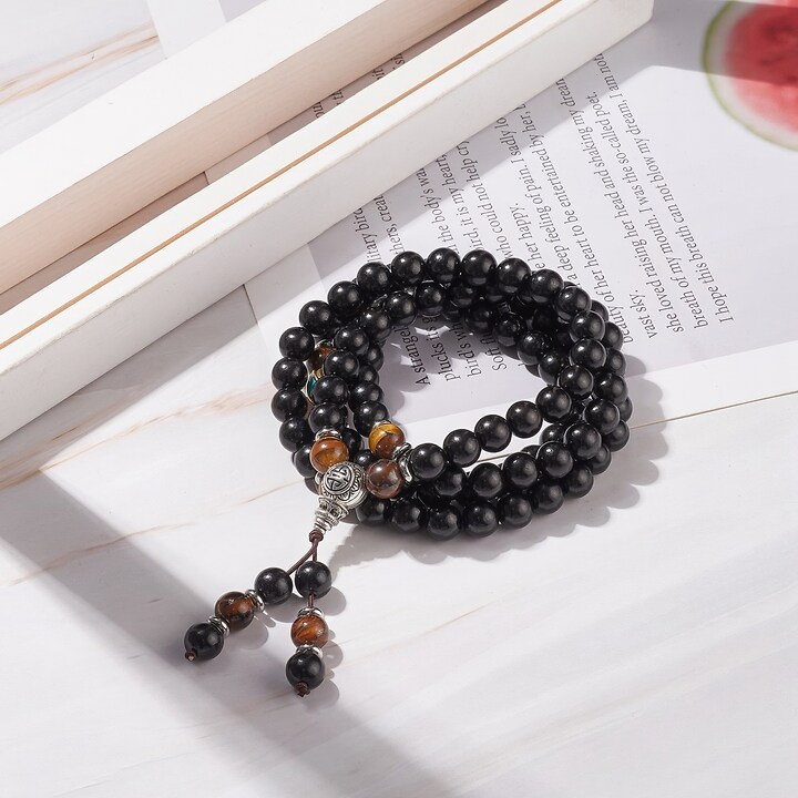 Colier sau bratara pe 4 randuri cu margele Mala naturale de lemn si ochi de tigru, lungime 76cm