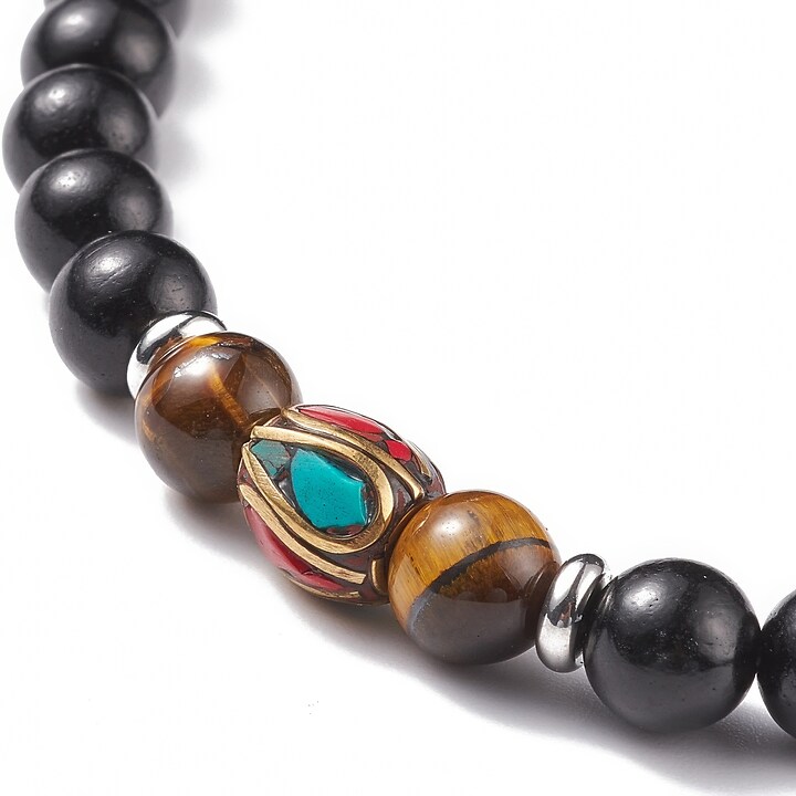 Colier sau bratara pe 4 randuri cu margele Mala naturale de lemn si ochi de tigru, lungime 76cm