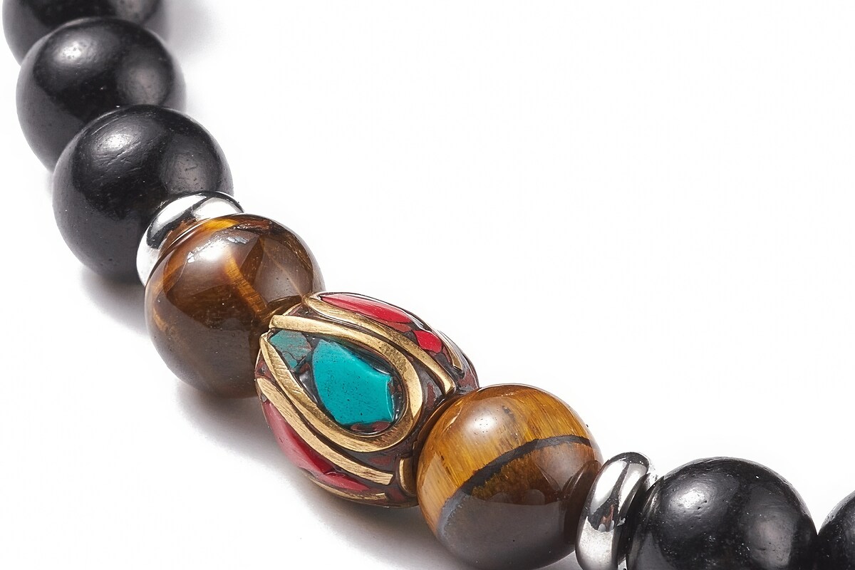 Colier sau bratara pe 4 randuri cu margele Mala naturale de lemn si ochi de tigru, lungime 76cm