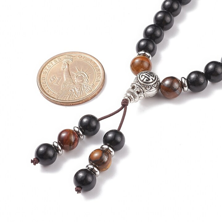 Colier sau bratara pe 4 randuri cu margele Mala naturale de lemn si ochi de tigru, lungime 76cm